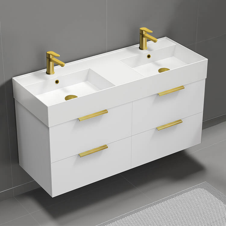 Nameeks DERIN186 48 Inch Bathroom Vanity, Double Sink, Modern, Wall Mounted, Glossy White